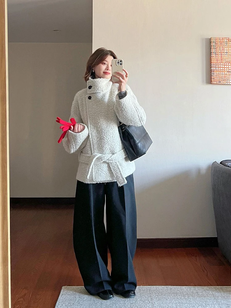 Koreański płaszcz wełniany z kołnierzem stójką, luksusowy, damski, zimowy, nowy, luźny, casualowy, długi, ciepły.