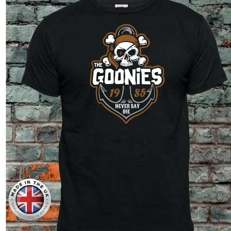 Goonies Never Say Die Camiseta feminina equipada infantil de algodão estampado preto