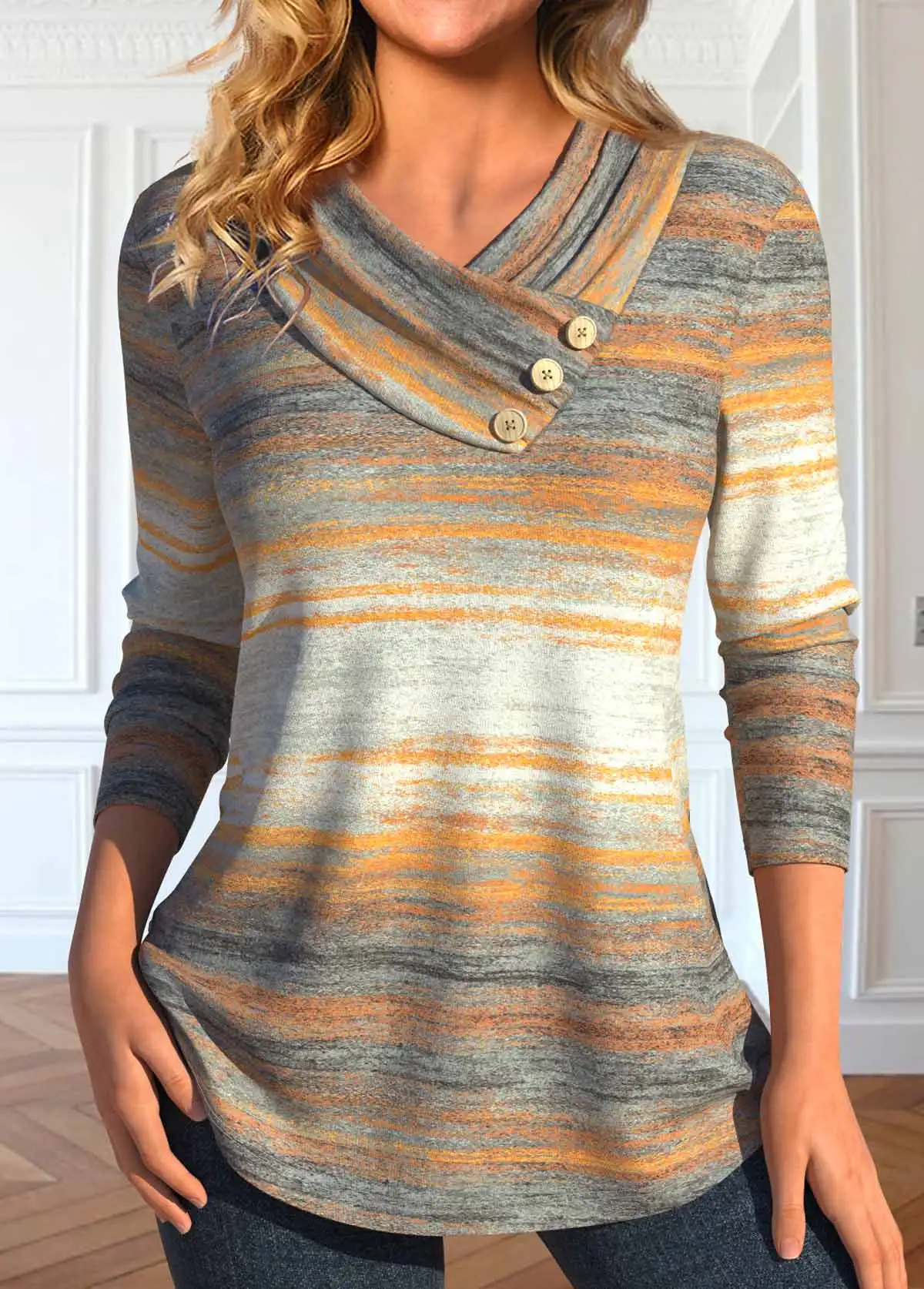 Women Fashion Striped Printed Tee Shirts Elegant Basic O Neck Full Long Sleeve Buttons Decorate T-Shirts Casual Knitted Top
