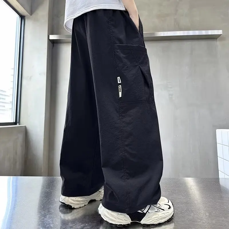 Summer Boys Pants High Street Ice Like Fabric Trousers Black Thin Sports Pants Casual Children's Clothing Kids Sweatpants