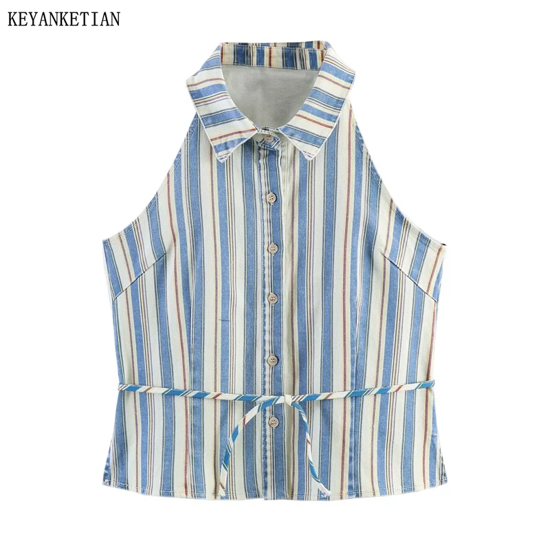 

KEYANKETIAN 2026 Summer New Women's Y2K Striped Halter Top Retro Collared Sleeveless Button Down Blouse Belt Decoration Top