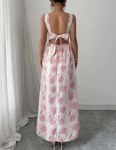 

Womens Dresses 2025 Summer Elegant Temperament Floral Bouquet Print High Waist Casual V-Neck Sleeveless Backless Long Dress