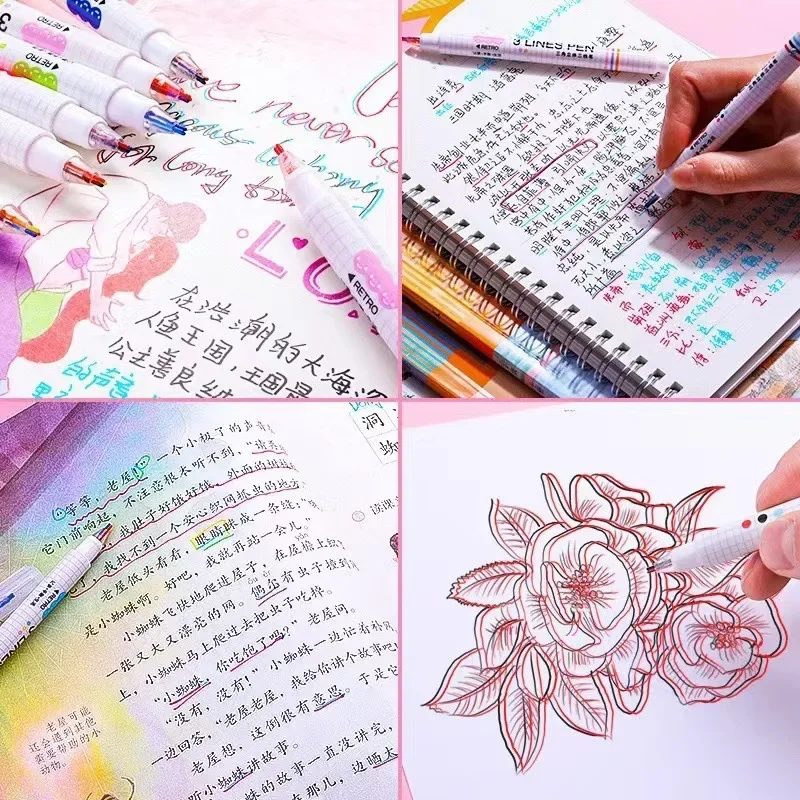6pcs 2 Lines Colored Marker Pens DIY Drawing Painting Graffiti Pen 0.5mm Gel Pens Pigment Liner Highlighter Kawaii Stationery