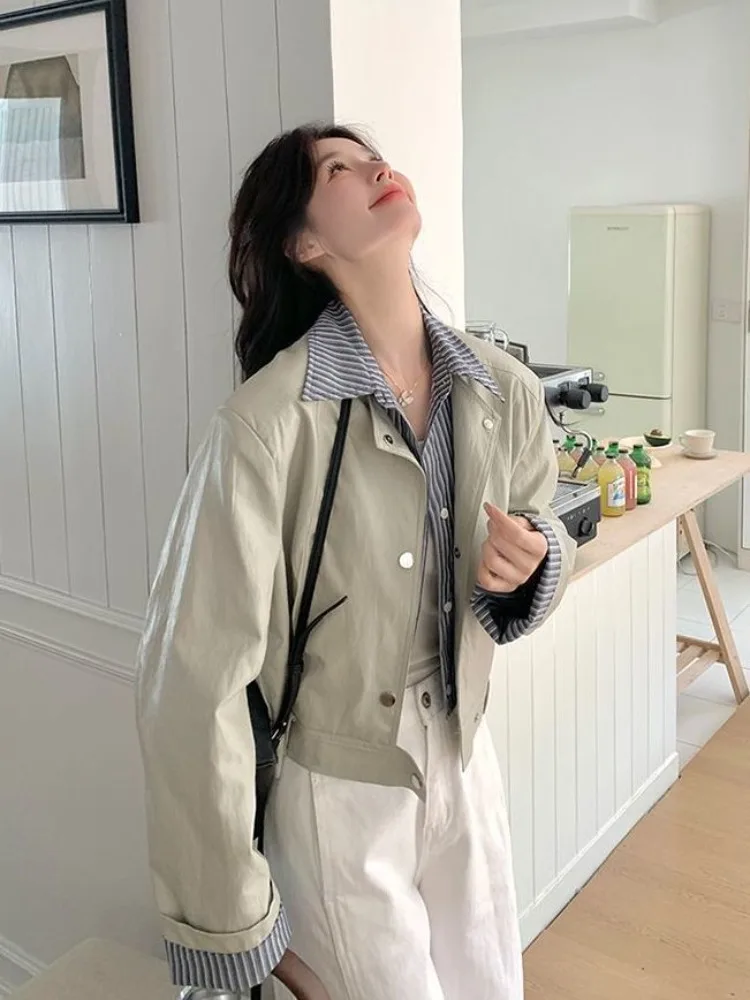 Women's 2026 Spring Autumn American Retro Faux Two Piece Patchwork Loose Jacket Slimming Warm Elegant Chic Coquette Trendy Top