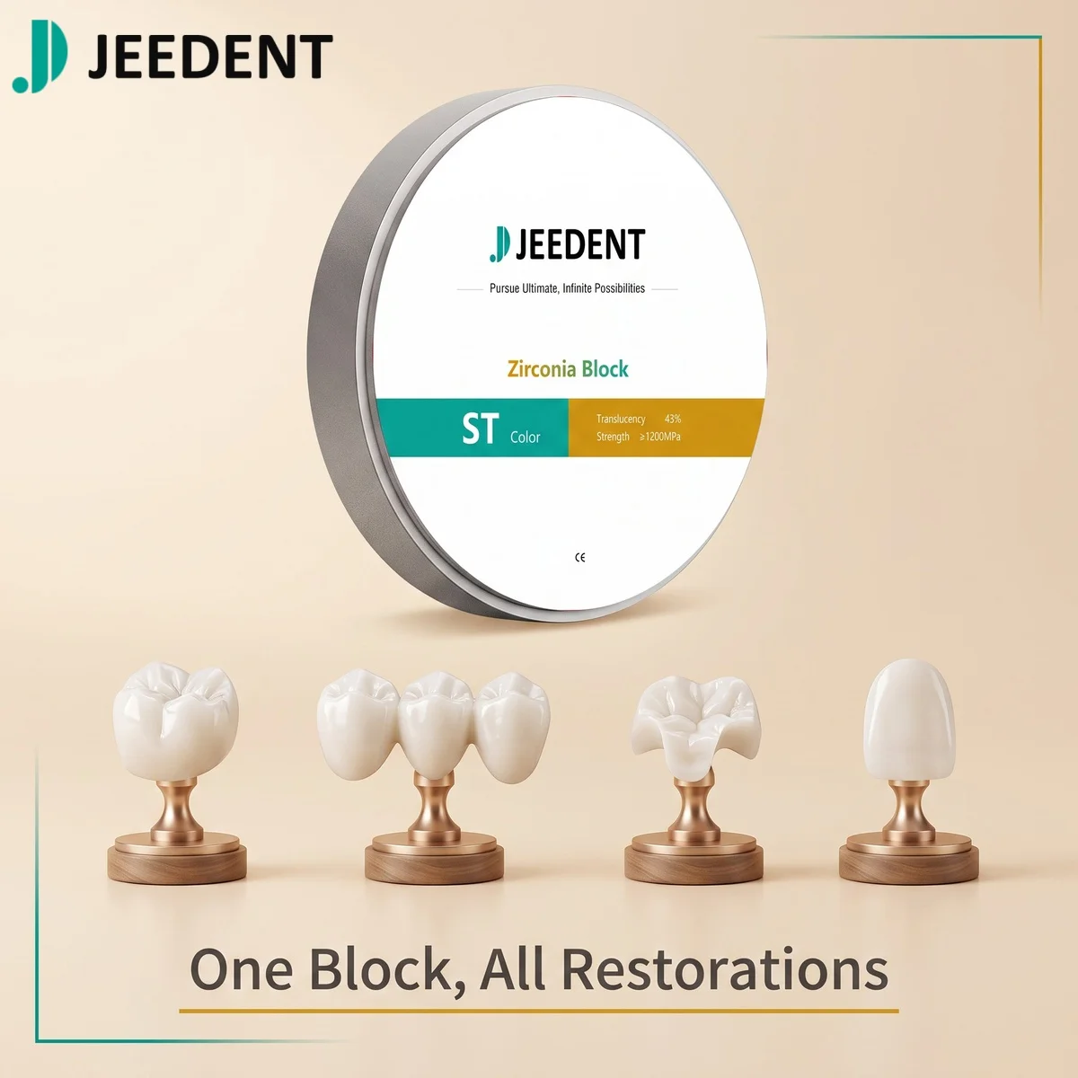 1200MPa ST Zirconia Block 43% High Translucency 98mm CAD CAM Blank VITA 16 Shade A1 A2 A3 for Anterior Crown Bridge Restoration
