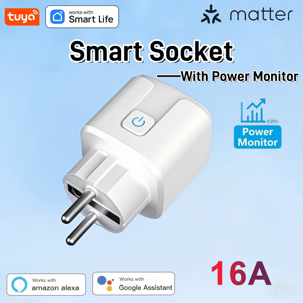 Tuya Matter EU Smart Plug 16A Energy Monitoring Compatible with Apple HomeKit Google Home Alexa - Remote Control Electrical