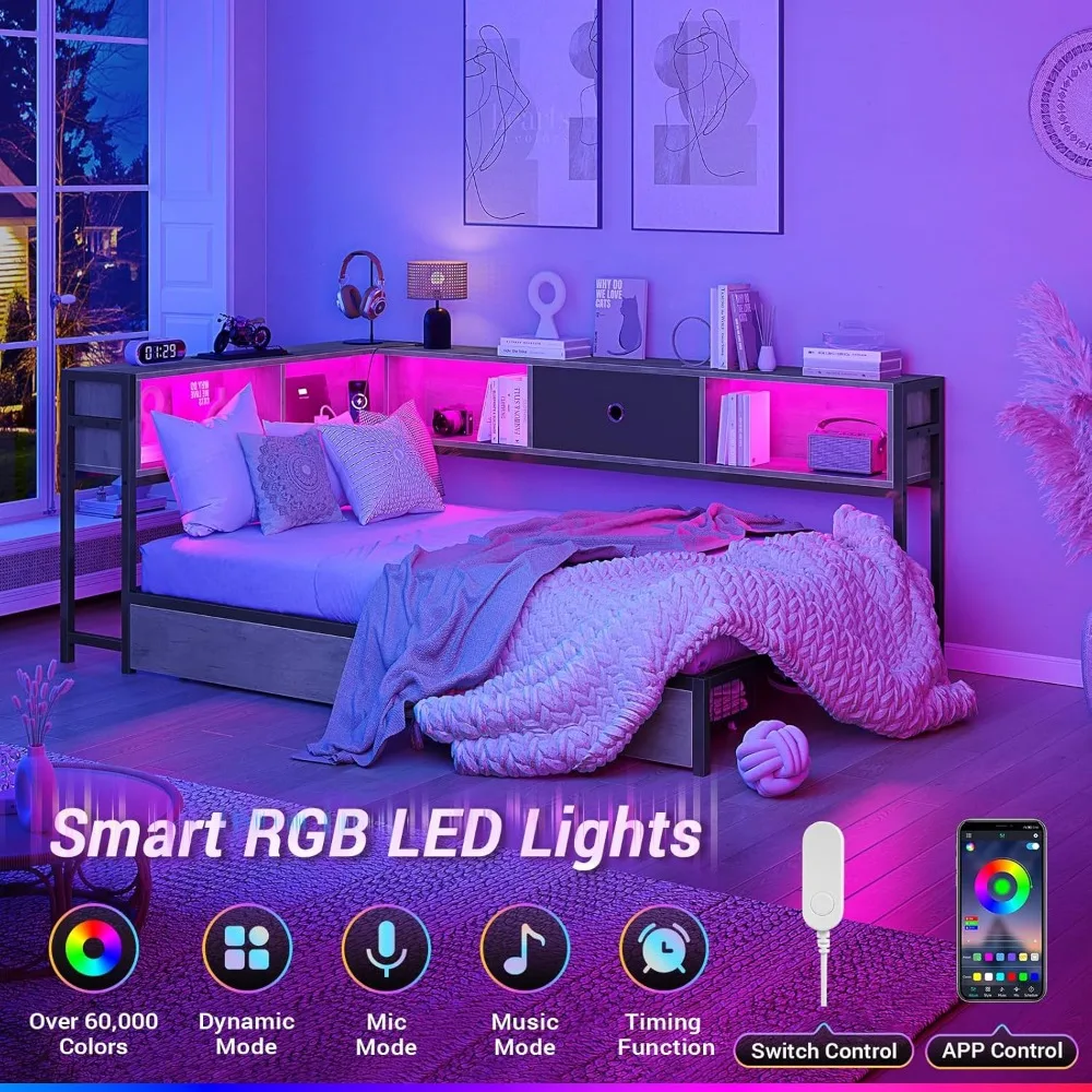 Corner Bed Frame with Storage Bookcase, Twin Daybed with Storage Drawers Underneath, Kids Bed Unit with Charging Station