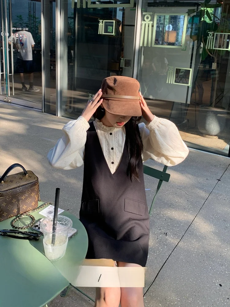 

Утренняя девушка, маленький размер, осенний новый женский дизайн, универсальный длинный свек, льняной однотонный повседневный свободный крой, тонкая модель с воланами по краю