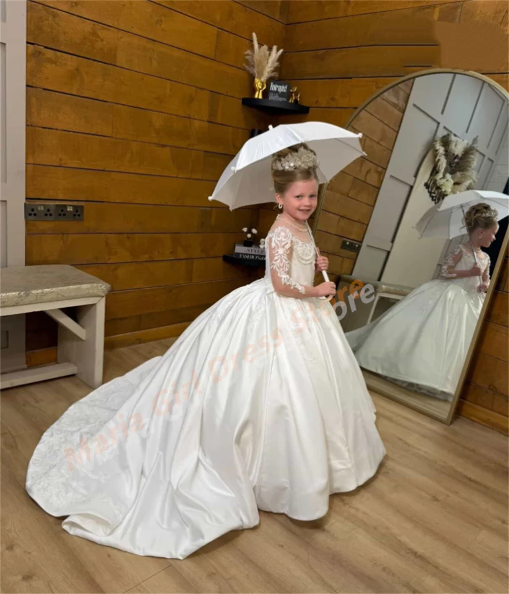 Girls European American Style Flower Girl Dress with Sheer Full Sleeves Train Lace Puffy Pageant Performance Dress for Piano
