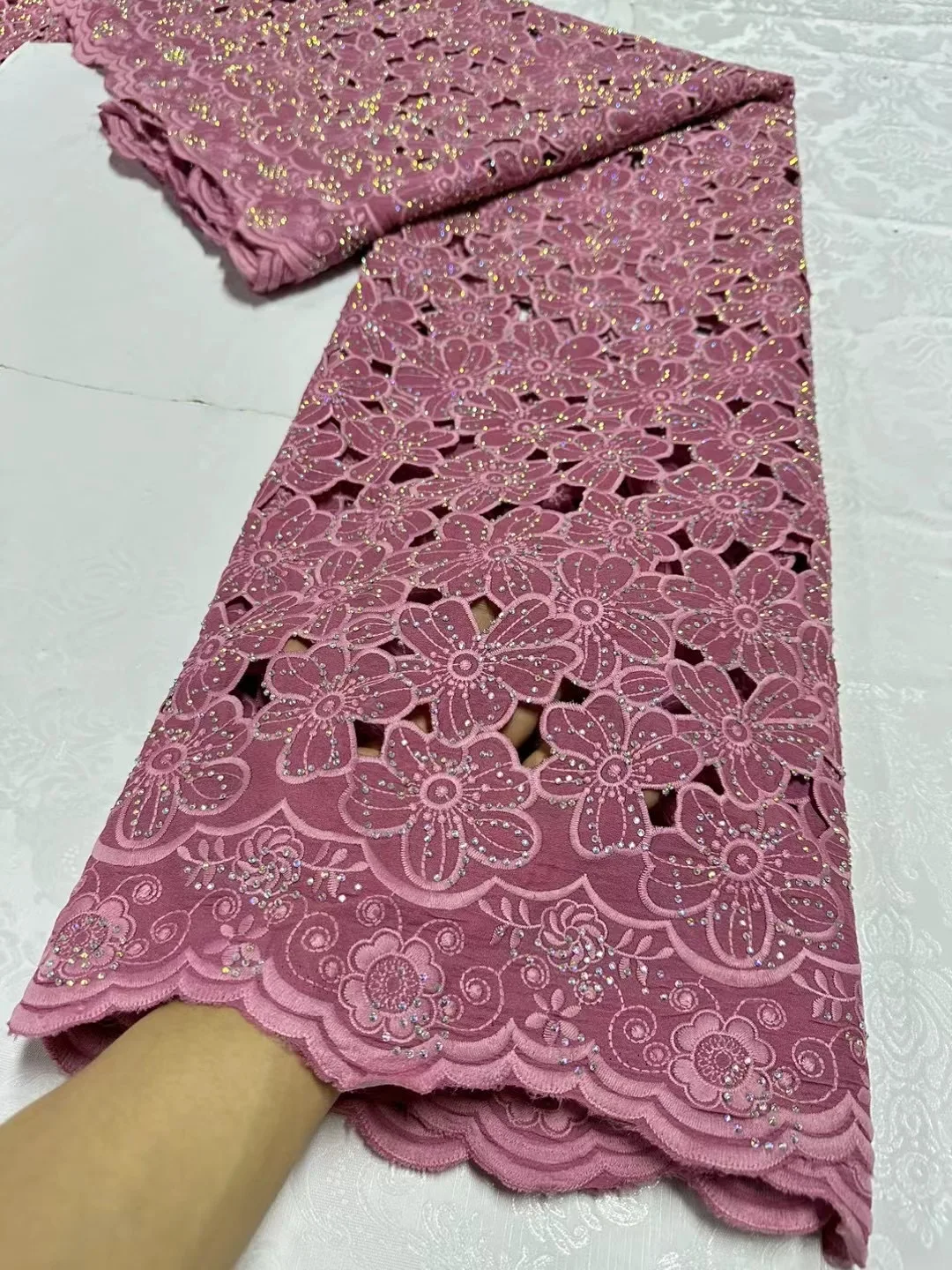 Swiss Luxury Lace High Quality Fabrics 2024 Latest African Cotton Lace with Stones for Sewing Evening Party Dress JL381