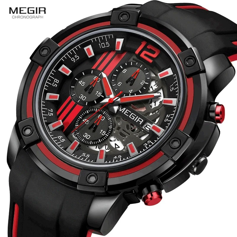 

MEGIR BK143 Classic Fashion Men's Watch Cool Dial Quartz Watch Chronograph Silicone Strap Automatic Date Watches for Man Reloj