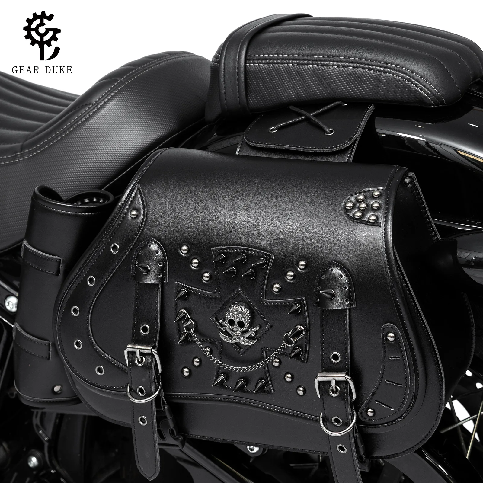 Medieval Steampunk Style Vintage Motorcycle Saddlebag Side Bag Modification Pu Leather Storage Bag Skull Link Chain Logo