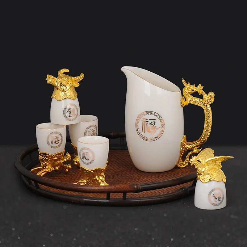 Gold-plated Animal Head Ceramic Wine Glass Jug Crafts Gift Tequila Vodka Zodiac Wine Glass Set Exquisite Art Cup Home Decoration