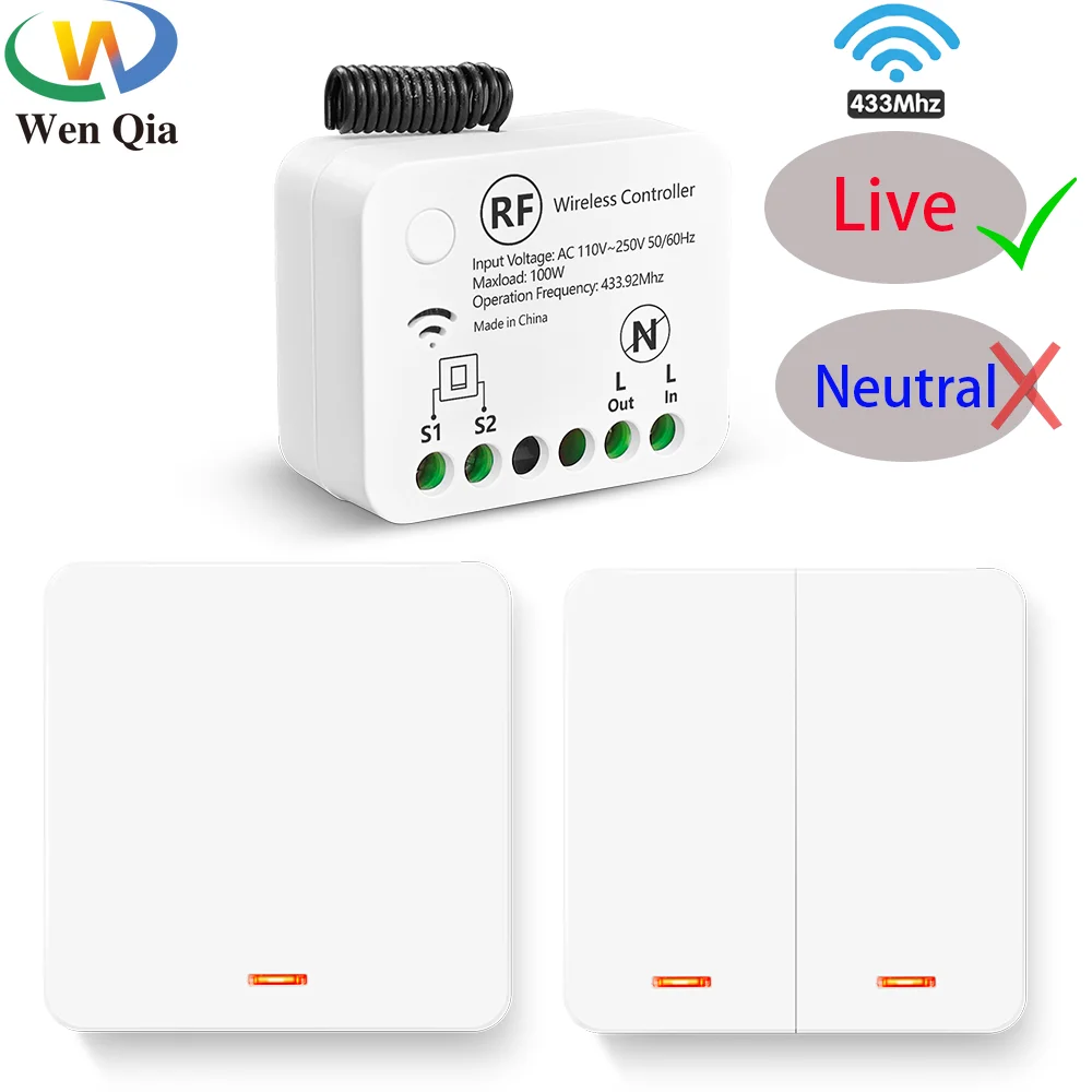 Interruptor de luz sem fio rf 433mhz, sem necessidade de fio neutro, 110v 220v, mini módulo de relé de fio vivo único, funciona com 86 interruptores de painel