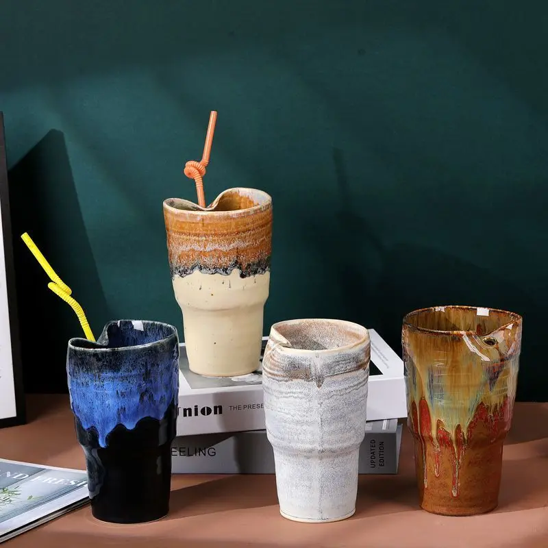 American Style Creative Kiln Turned Mug Ceramic, Office Coffee Milk Irregular Water Cup, Minimalist Personal Straw Cup Nordic