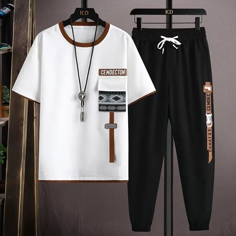 New Mens Joggers Set Korean Fashion Outfit Suits Print T-shirt Multi-pocket Cargo Pants 2 Piece Set Summer Mne Clothing 2024