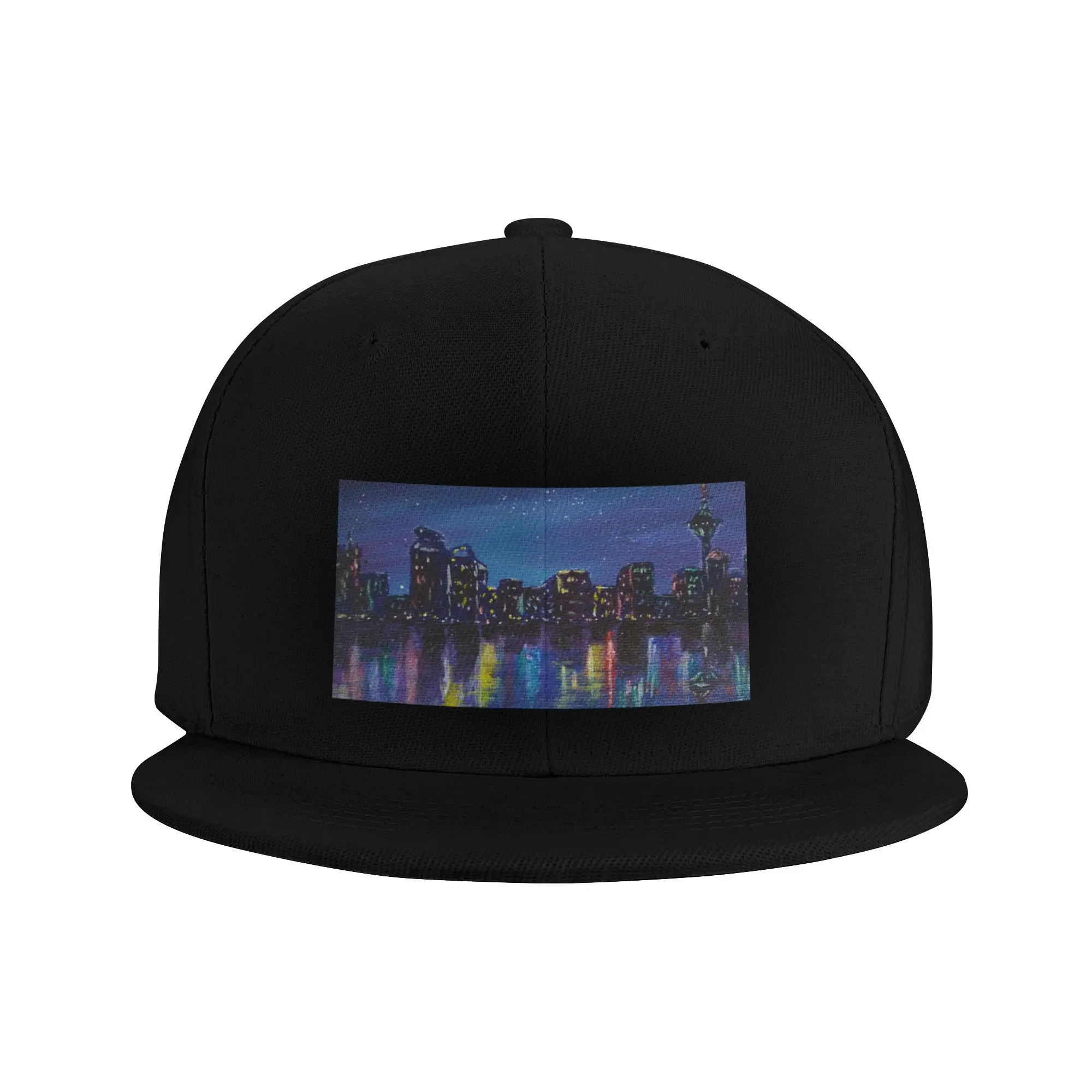 Fashion Colourful Cityscape at night reflecting on water acrylic painting Flat Brim Sun Hat  Suitable For Square Faces Black Cap