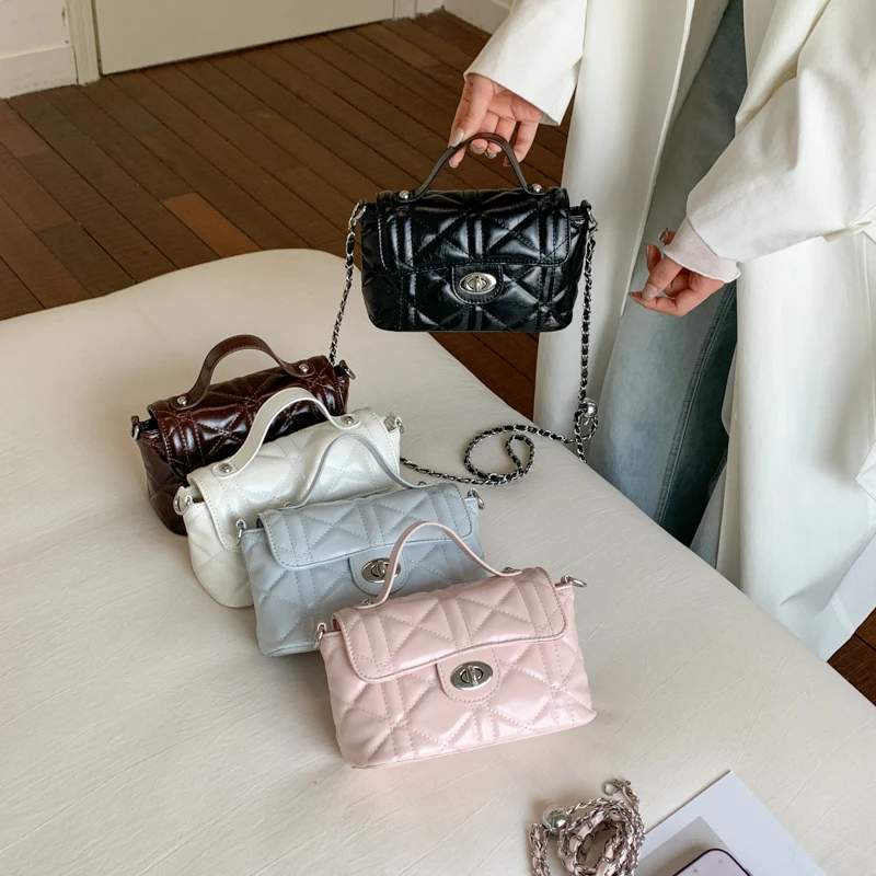 

New Bright Color Leather Handbag Women's Chain Shoulder Strap Crossbody Candy Color Ladies Single Shoulder Bag Metal Lock Flip C