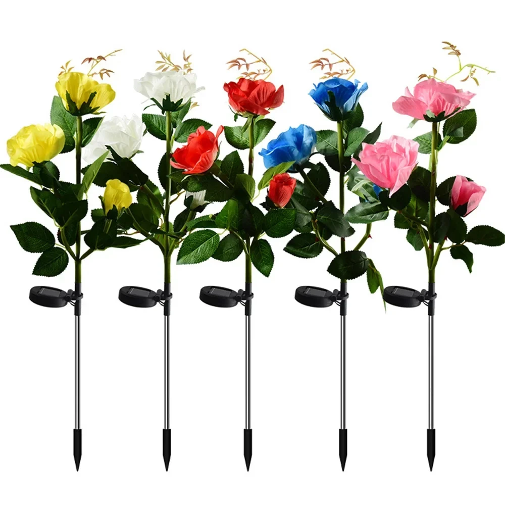 5Pack Garden Solar Decorative Light Outdoor Waterproof Realistic Artificial Rose Flower for Backyard Pathway Porch Step Memorial