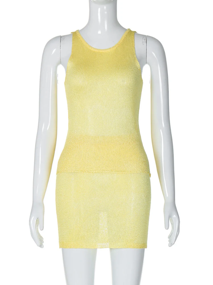 JULISSA MO Knit Sexy See Through Women Two Piece sets Yellow Sleeveless Tops Mini Skirt Summer Vacation Elegant Skirt Suit 2024