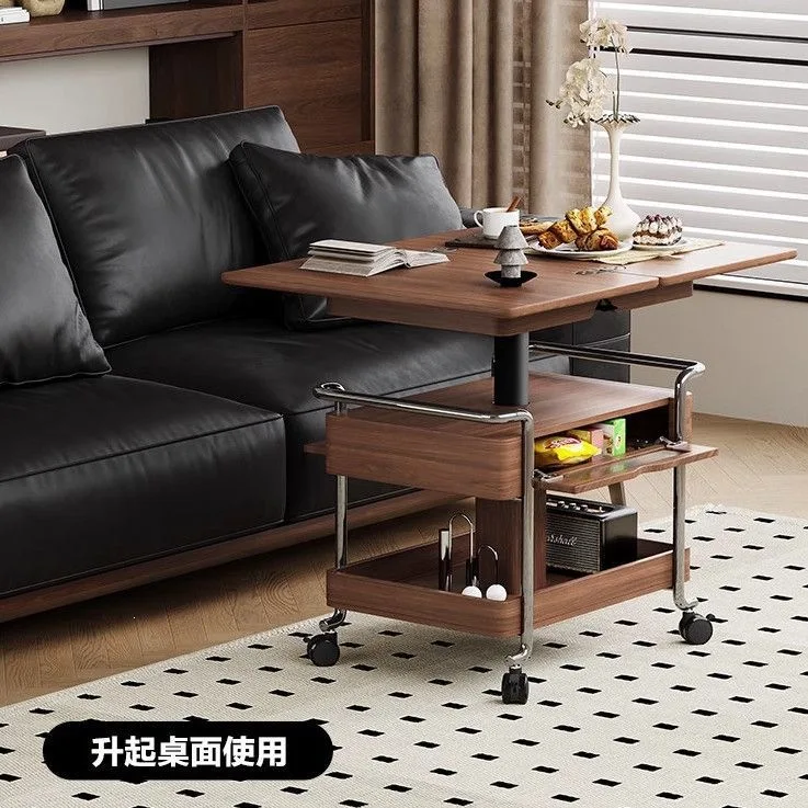 HYS medieval style solid wood trolley living room small apartment household mobile folding retro pulley liftable side table