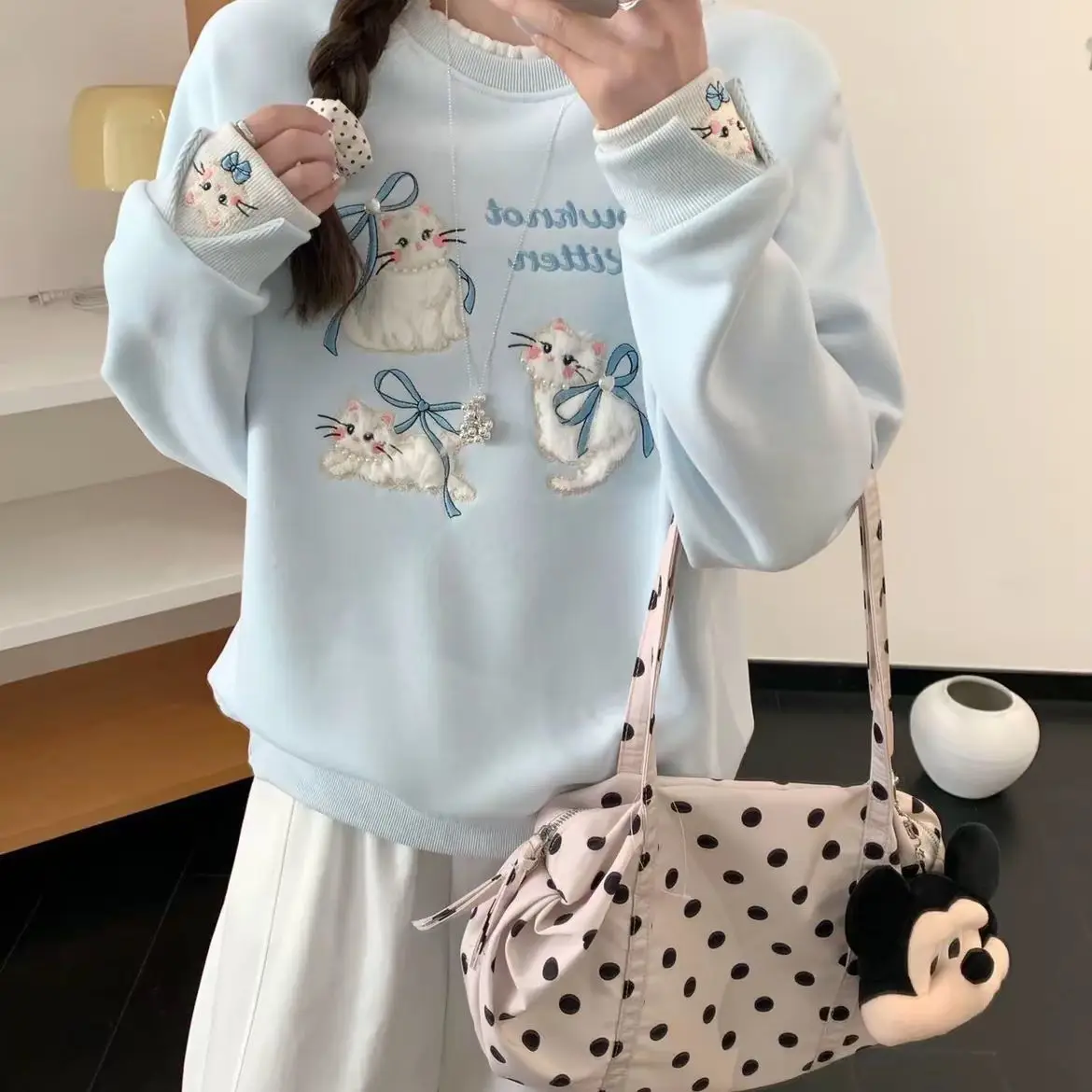 2026 Spring Fake Two Pieces Hoodies Cute Furry Cat Embroidery O-neck Sweatshirt Sisters Friends Matching Daily Lovable Pullovers