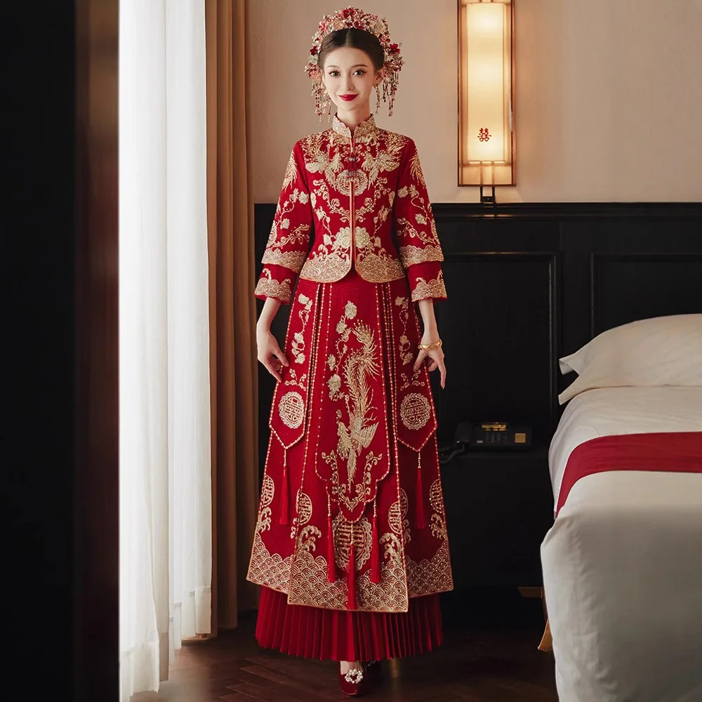 Yourqipao Xiuhe ارتداء العروس ثوب زفاف فستان الزفاف الصيني فستان التنين فينيكس ثوب نخب الملابس تظهر مجموعة للنساء