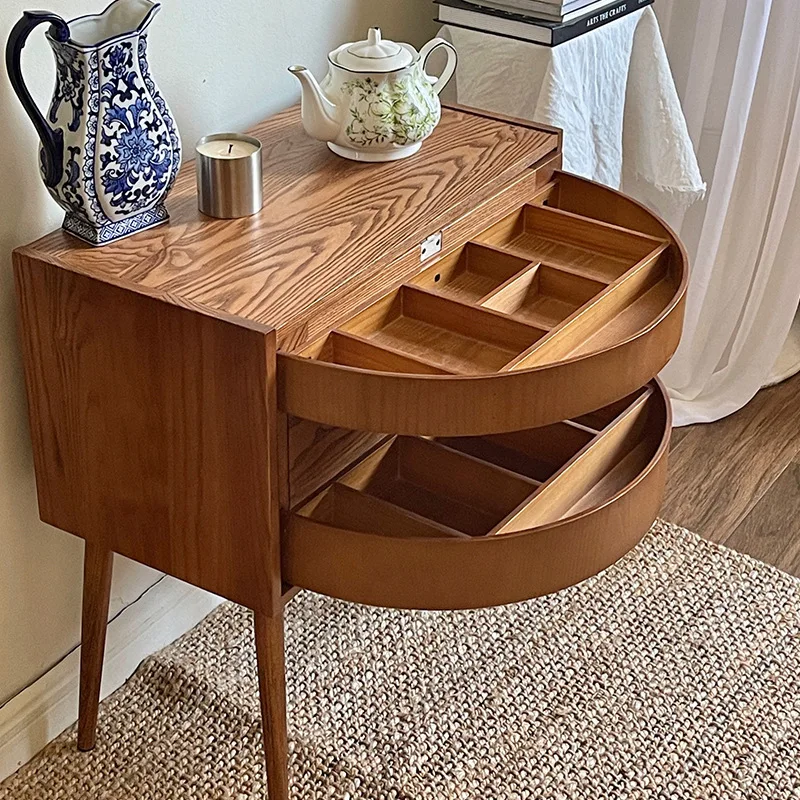 Solid wood medieval jewelry cabinet, rotating bedside table, rattan edge storagecabinet, household divided smallcabinet, retro