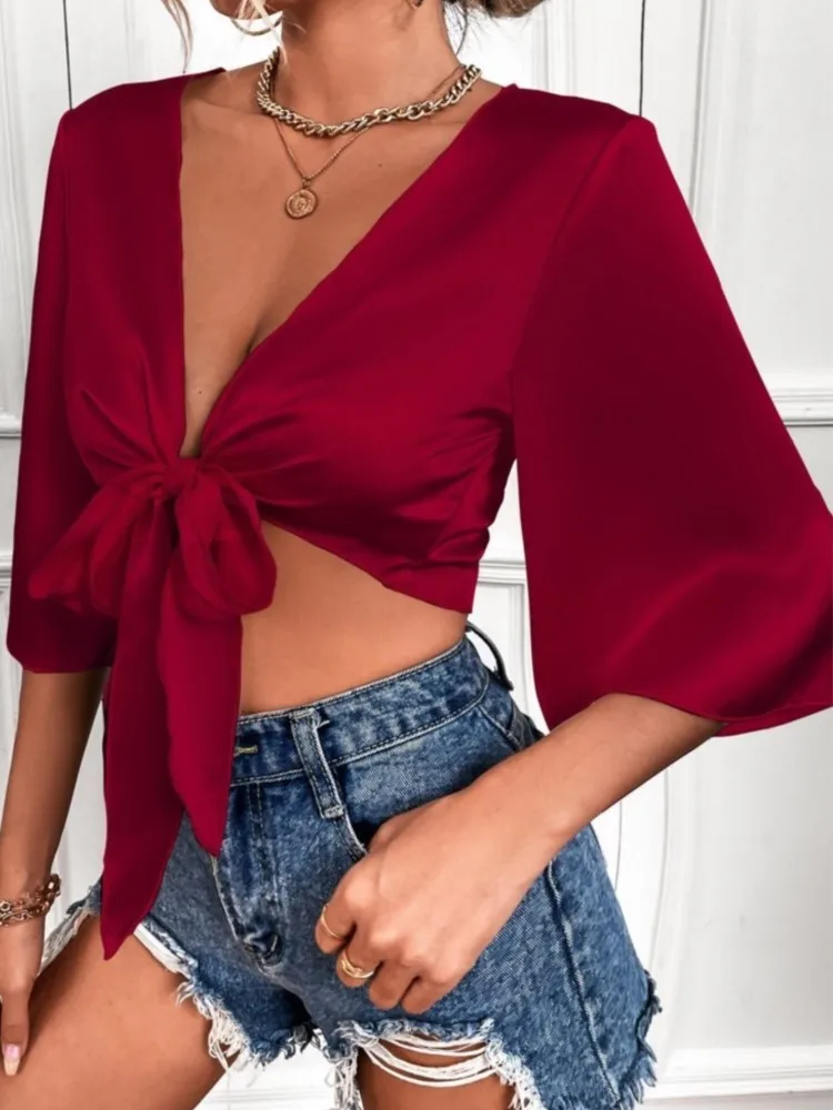 Sexy Deep V Satin Lace Up Crop Top Half Sleeve Women Shirts Y2k 2024 Spring Summer Casual Tops Elegant Office Blouse Female