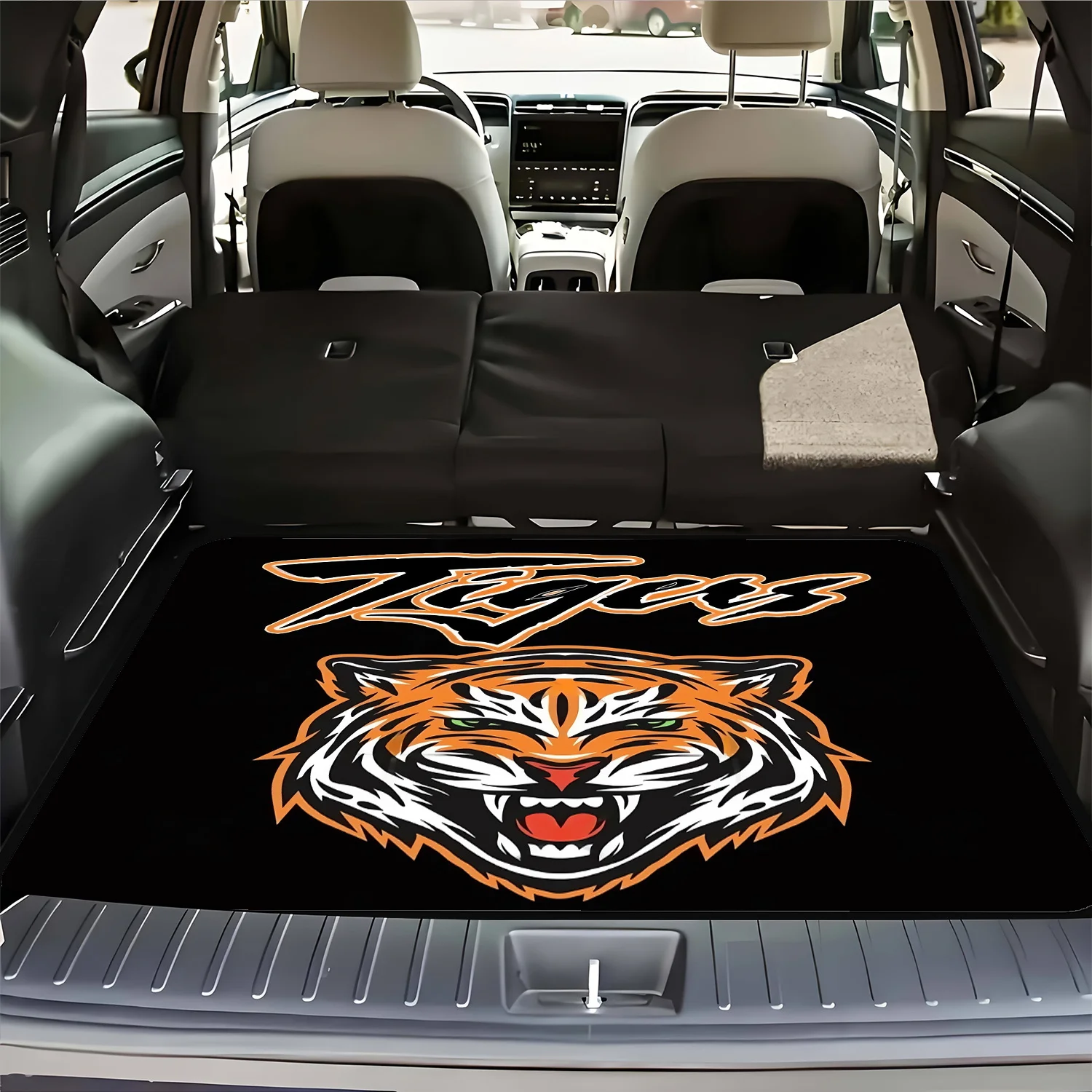 1pc Wests Tigers Logo Print Car Trunk Mat- Heavy-Duty Black& Golden Stripe Design, Black With White& Wests Tigers Lettering, Fit