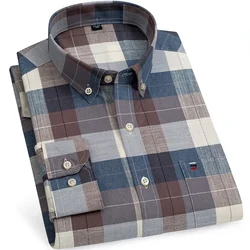 New Men's Plaid Shirt 100% Pure Cotton Oxford Long Sleeve Spring Casual Solid Daily Dress Shirts Button-down Collar Big 7XL