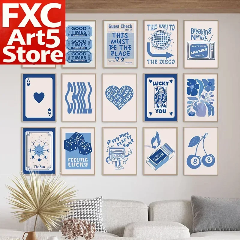 1PC Frameless Retro Trend Wall Art Prints Lucky You Cherry Posters Blue College Style Y2k Canvas Painting Aesthetic Pictures Liv