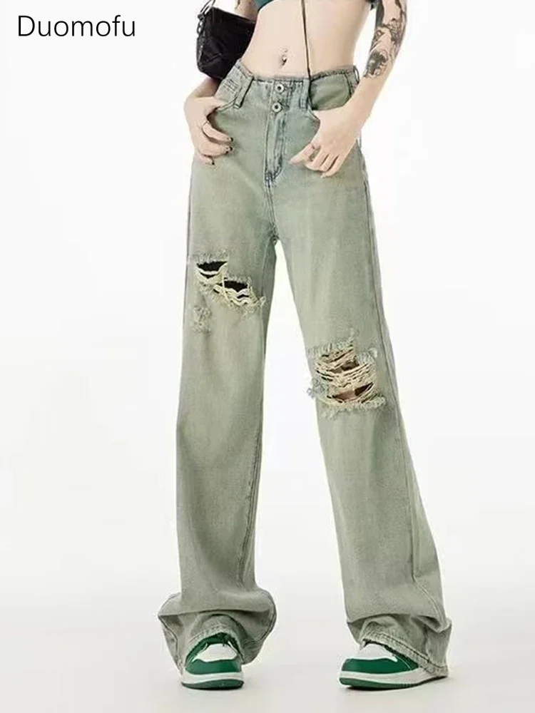 

Duomofu Ins New Chic Hollow Out High Waist Women Jeans Summer Fashion Distressed Loose Straight Full Length Vintage Female Jeans