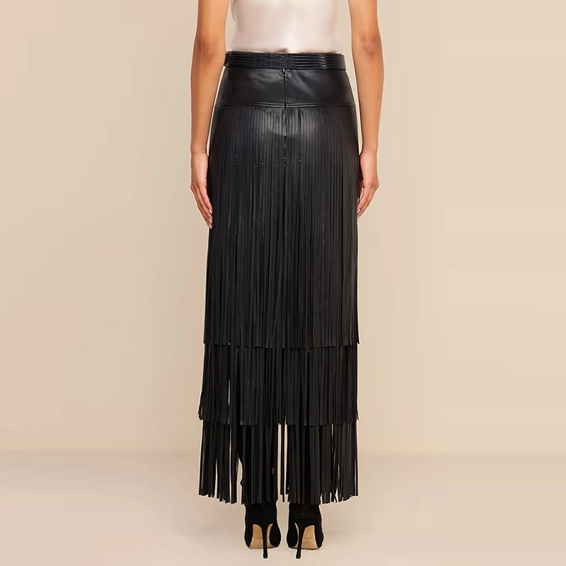 Vintage PU Leather Tassel Long Skirts Fashion High Waist Solid Color Commute Skirts Women's Loose Pleated Swing Vacation Skirts