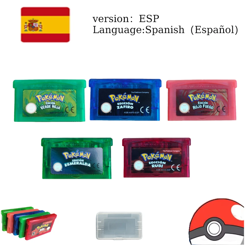 高品質スペイン語版GBAゲーム ポケモンシリーズ 32ビットビデオゲームカートリッジ コンソールカード エメラルド ファイアレッド リーフグリーン ルビー サファイア