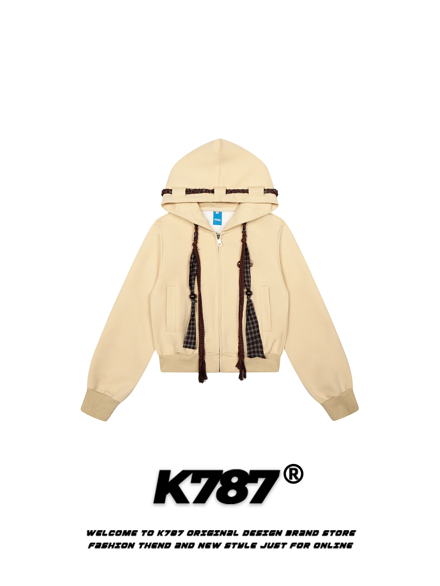 

K787 American Retro Woven Dstring Hoodie Women Casual Anti-Aging Slimming Zipper Hat irt ort Outerwear