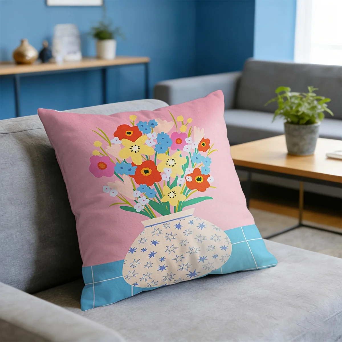 Double Sided Boho Colorful Flower Vase Pillow Cover Cute Floral Bouquet Print Soft Throw Pillow Case for Home Decor Gift