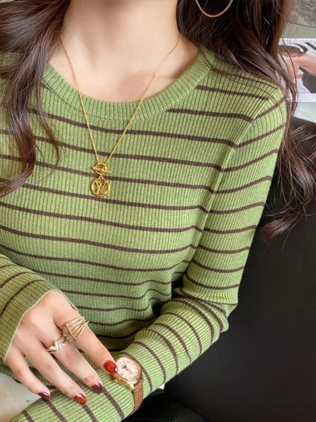 Women's Slim Fit Striped Knitwear Fashionable Base Layer Shirt Spring Autumn Winter Straight Tube Shape Long Sleeve round Neck