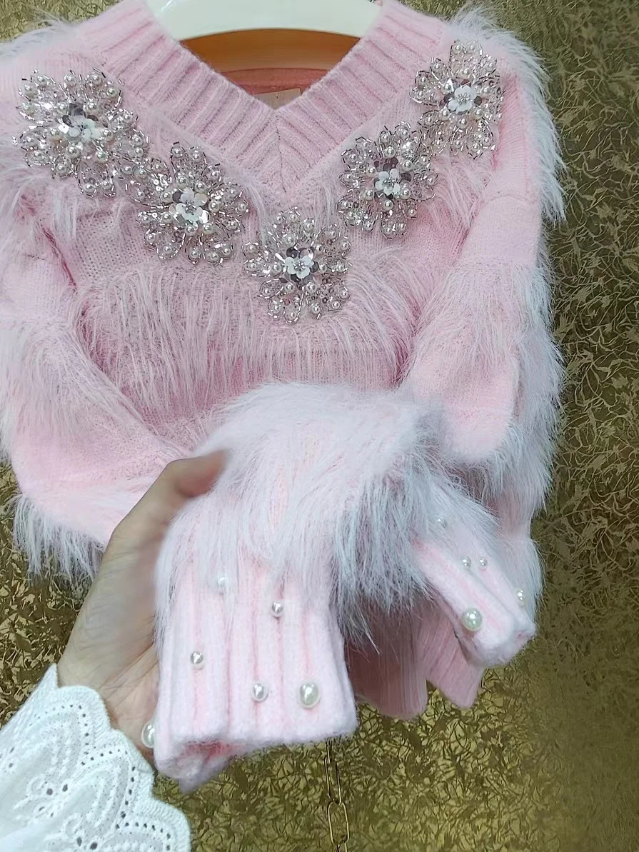 Luxury Style Sparking Beaded Sequined Faux Fur Warm Sweater for Women Autumn/Winter Knitwear Pink Pullover Top ropa de mujer