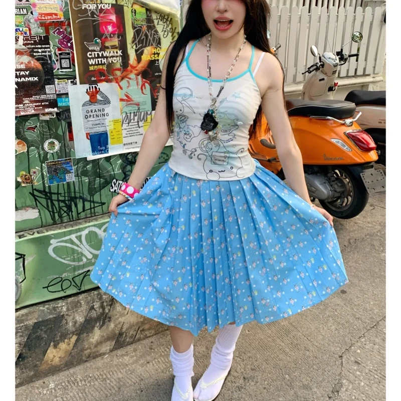 الصيف الضوء الأزرق الحيوان طباعة البولكا نقطة المرأة متوسطة طويلة مطوي تنورة اليابانية الحلو تنوعا الحد من العمر التنانير السيدات