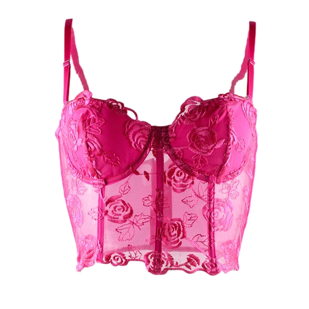 Women Solid Rose Embroidery Tank Top With Steel Rings Fishbone Strapless Corset Vest With Shoulder Straps French Style Sweet Top