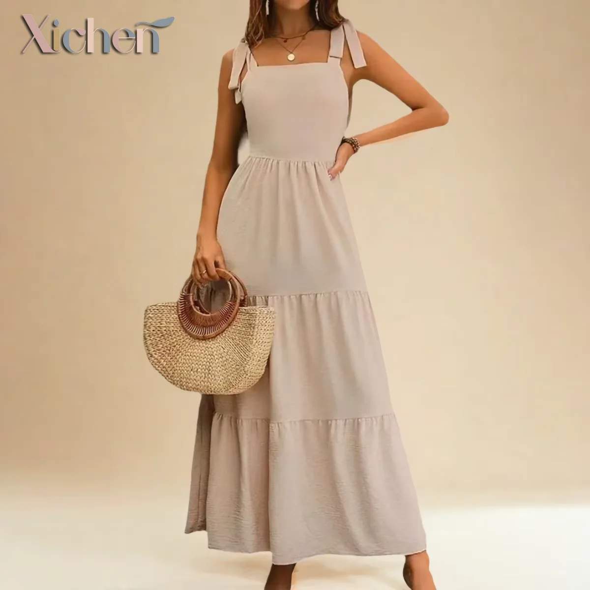 

Beige Sling Maxi Dress - French Romantic Adjustable Bow Straps & Tiered Skirt, Breathable Fabric for Beach/Dates