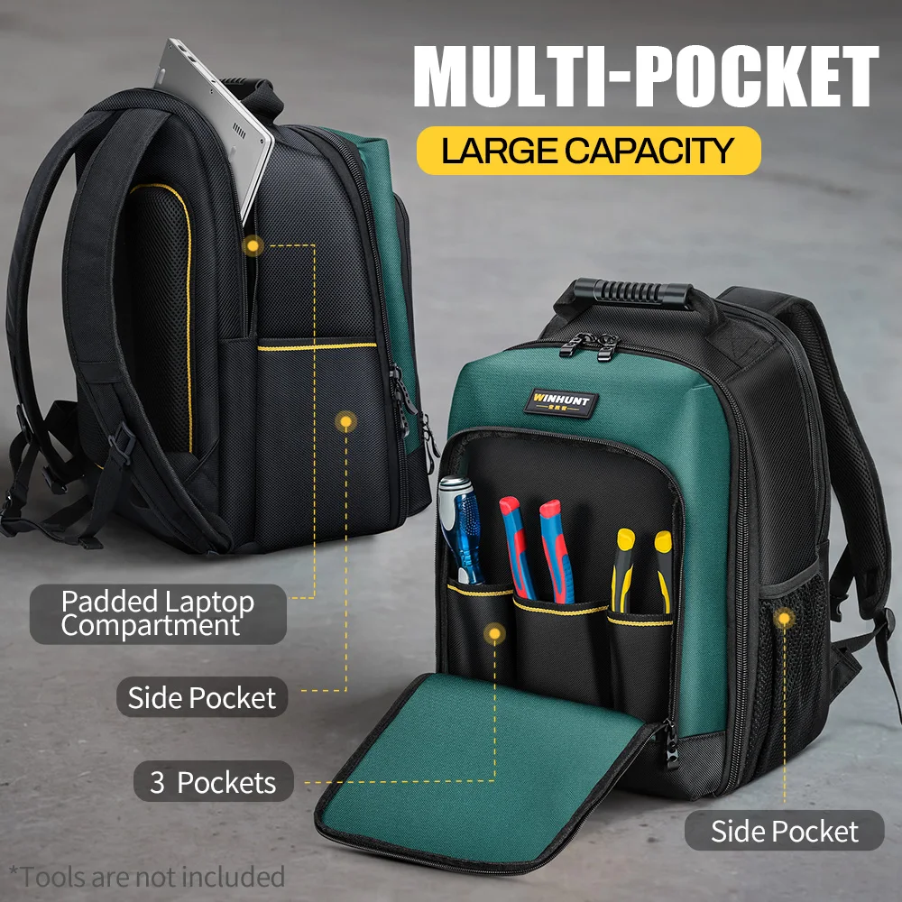 Mochila de ferramentas, bolsa de ferramentas para eletricista com vários bolsos e compartimento acolchoado para laptop, organizador de ferramentas durável de malha não impermeável