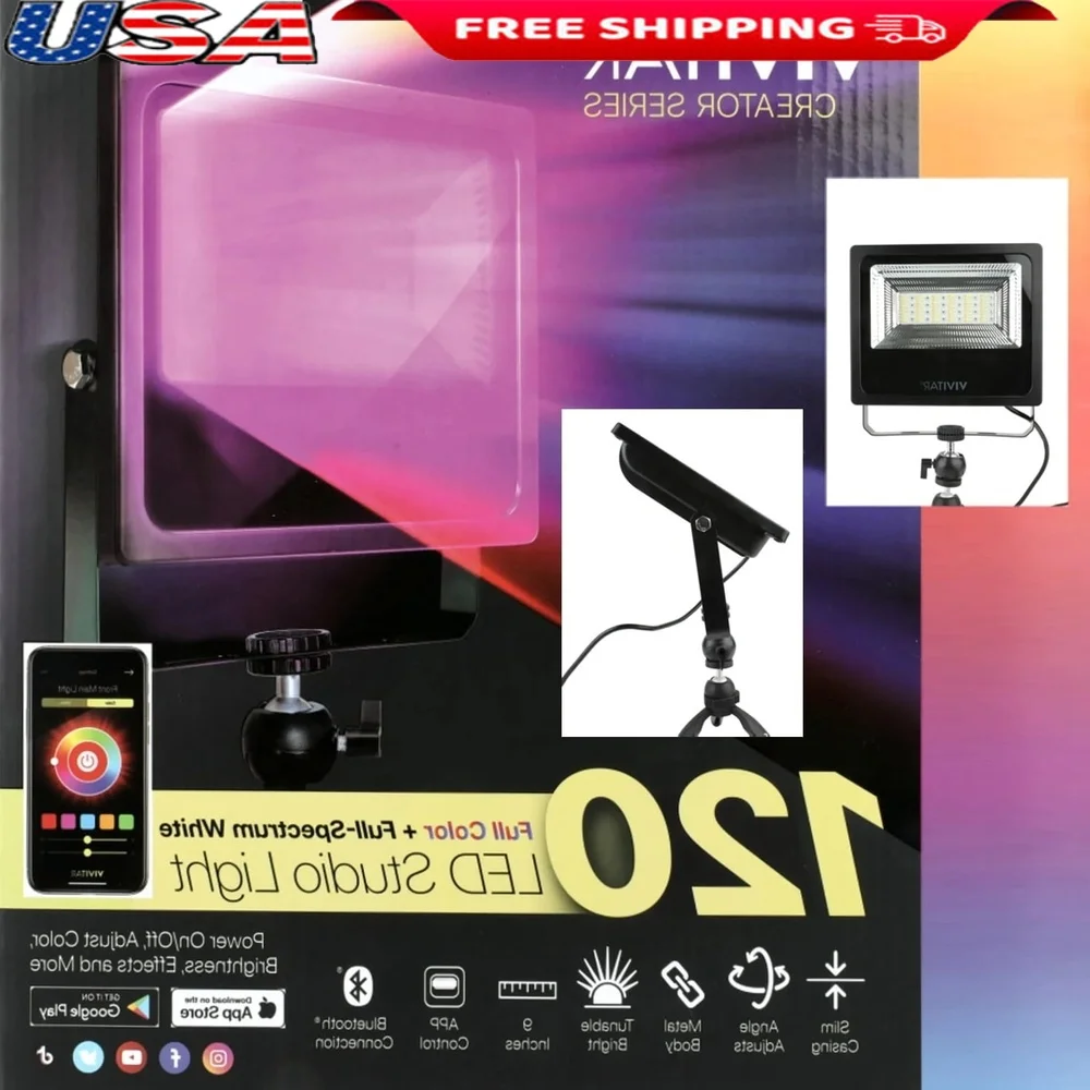 

LED On-Camera Studio Light 120 LEDs Adjustable Stand App Control Durable Aluminum Housing Photography Lighting
