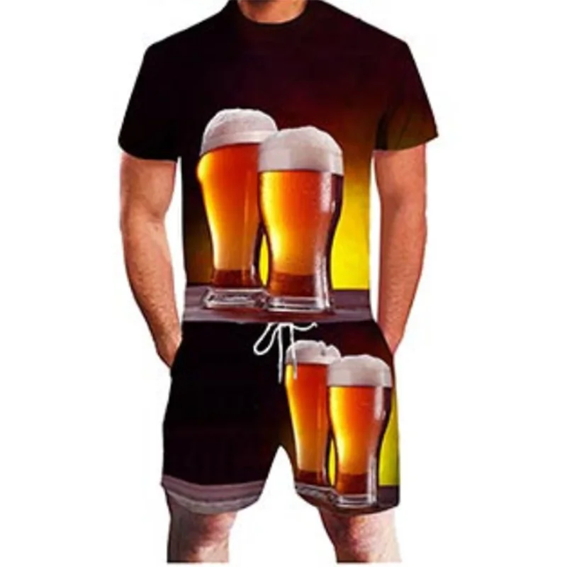 Beer 3D Print Men\'s Trend T-shirt Set Summer Casual Round Neck T-Shirt Shorts 2 Piece Set Fashion Man Clothes Pullover Tracksuit