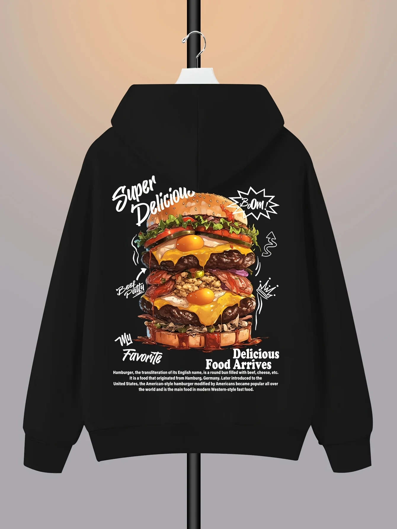 سوبر لذيذ برغر هوديي الرجال مضحك البلوز لذيذ خمر نمط عارضة أعلى، أنماط مطبوعة الظهر، الرجال هوديس #3