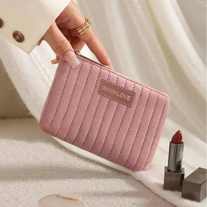 Vertical Quilted Velvet Cosmetic Bag Portable Makeup Pouch Autumn Winter Handheld Small Wallet Coin Purse Travel Organizer