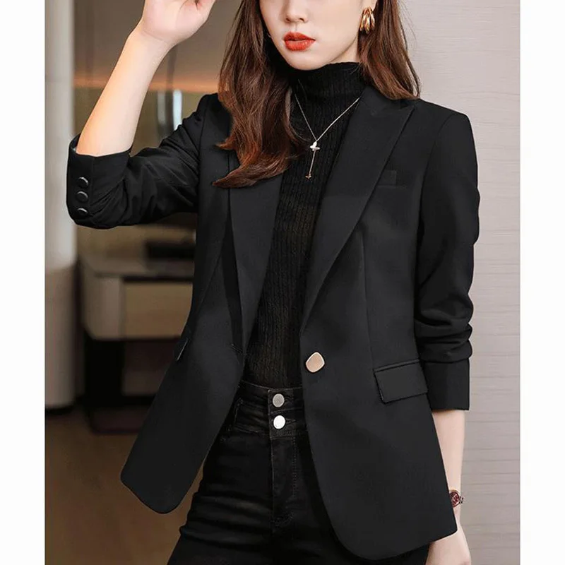 Blazer feminino elegante de bolsos lapela, tops casuais, roupas soltas de escritório, monocromático, novo, outono, 2023