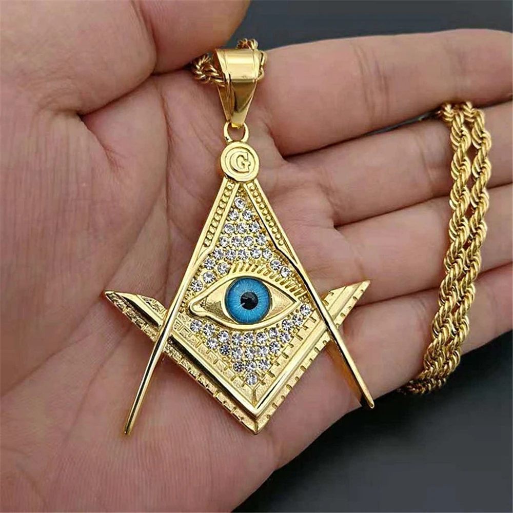 Hip Hop Iced Out Masonic All Seeing Eye Pendant Necklace Male Gold Color Stainless Steel Chain For Men Freemason Mason Jewelry