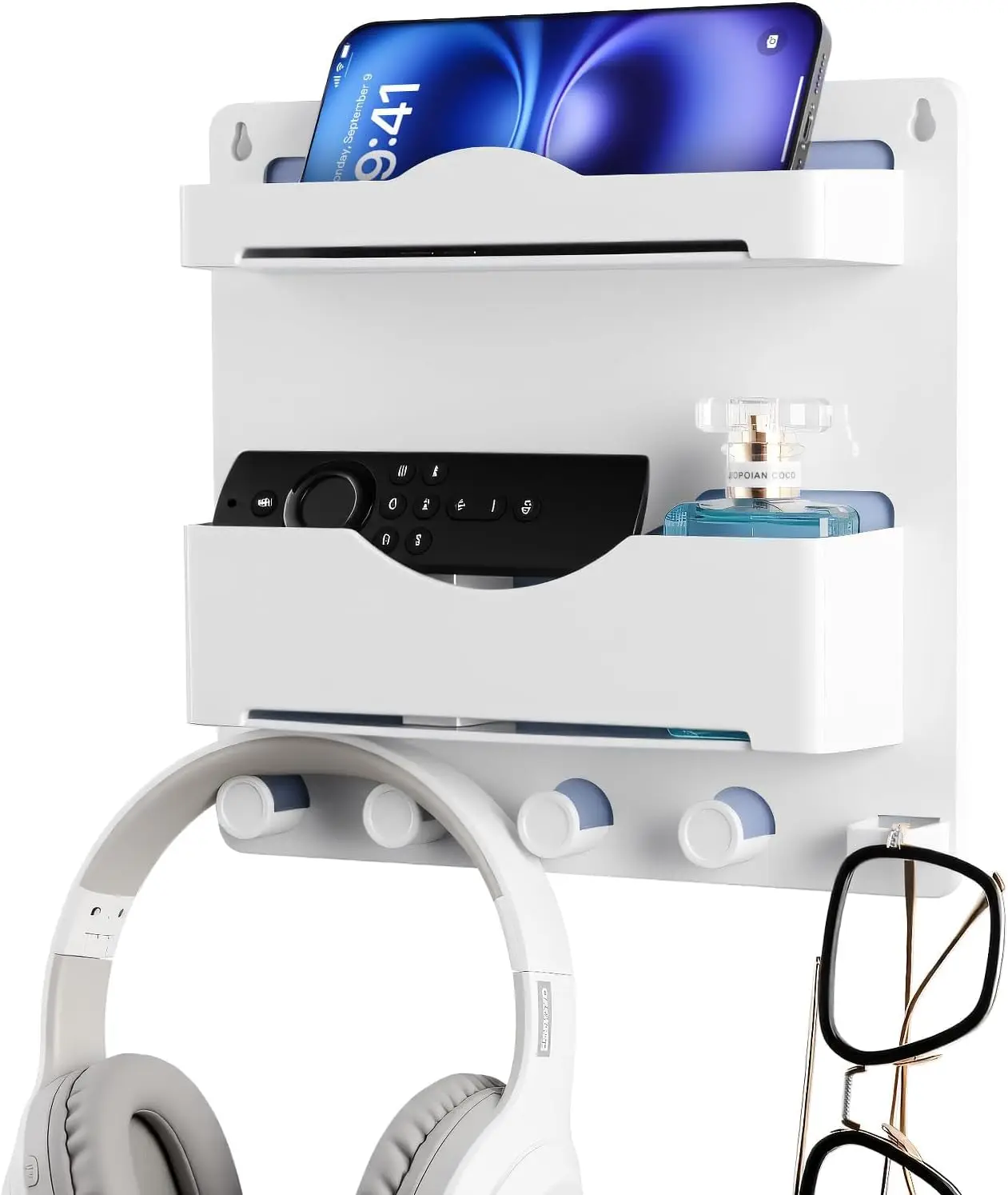 White adhesive bedside wall shelf with glasses hooks, wall‑mount organizer for dorm room, stores phone, remote, earphone,  and daily small items.